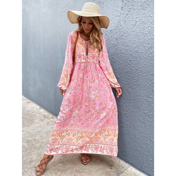 Boho Floral Print Tie Neck long sleeve Smock Dress maxi pink - Picture 2 of 8